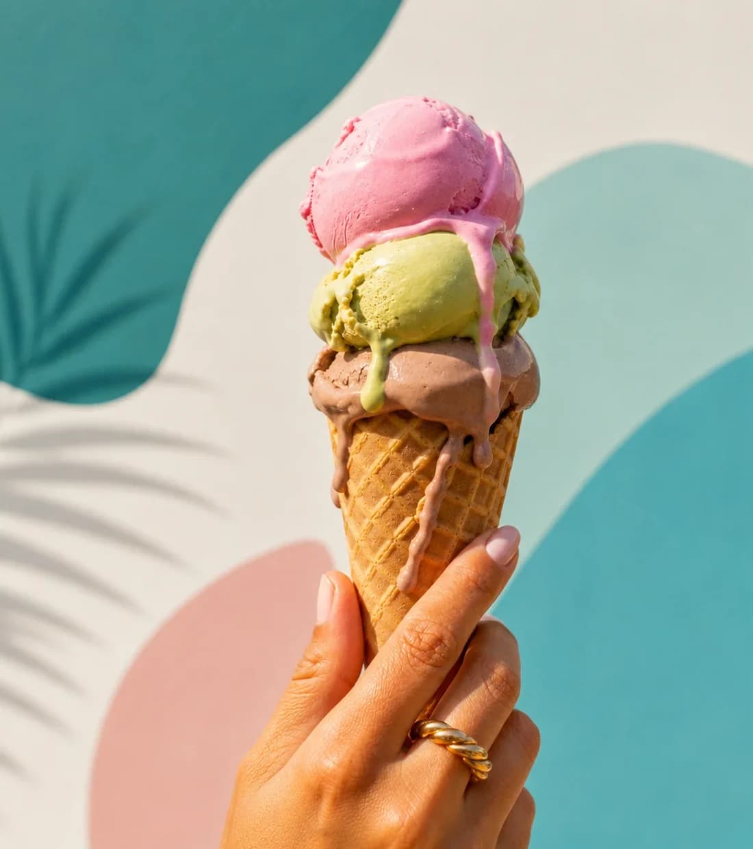 Colorful scoops of Italian gelato in a cone